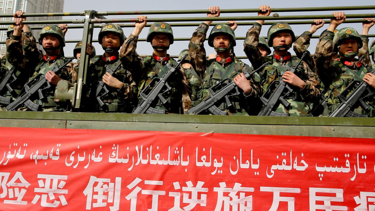 An anti-terrorist oath-taking rally in Xinjiang in February.