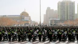 This photo taken on February 27, 2017 shows Chinese police attending an anti-terrorist oath-taking rally in Hetian, northwest China's Xinjiang Uighur Autonomous Region. 
Islamic State militants from China's Uighur ethnic minority have vowed to return home and "shed blood like rivers", according to a jihadist-tracking firm, in what experts said marked the first IS threat against Chinese targets. The threat came in a half-hour video released on February 27 by a division of the Islamic State in western Iraq and featuring militants from China's Uighur ethnic group, said the US-based SITE Intelligence Group, which analysed the footage. / AFP / STR / China OUT        (Photo credit should read STR/AFP/Getty Images)