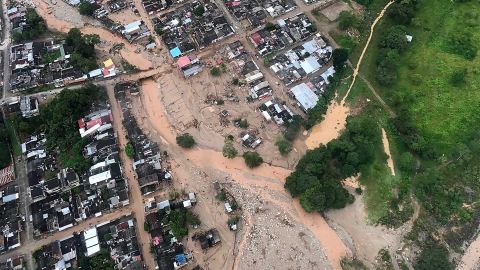 An aerial view shows the devastation Saturday, April 1, after heavy rains caused rivers to overflow in Mocoa, Colombia. 