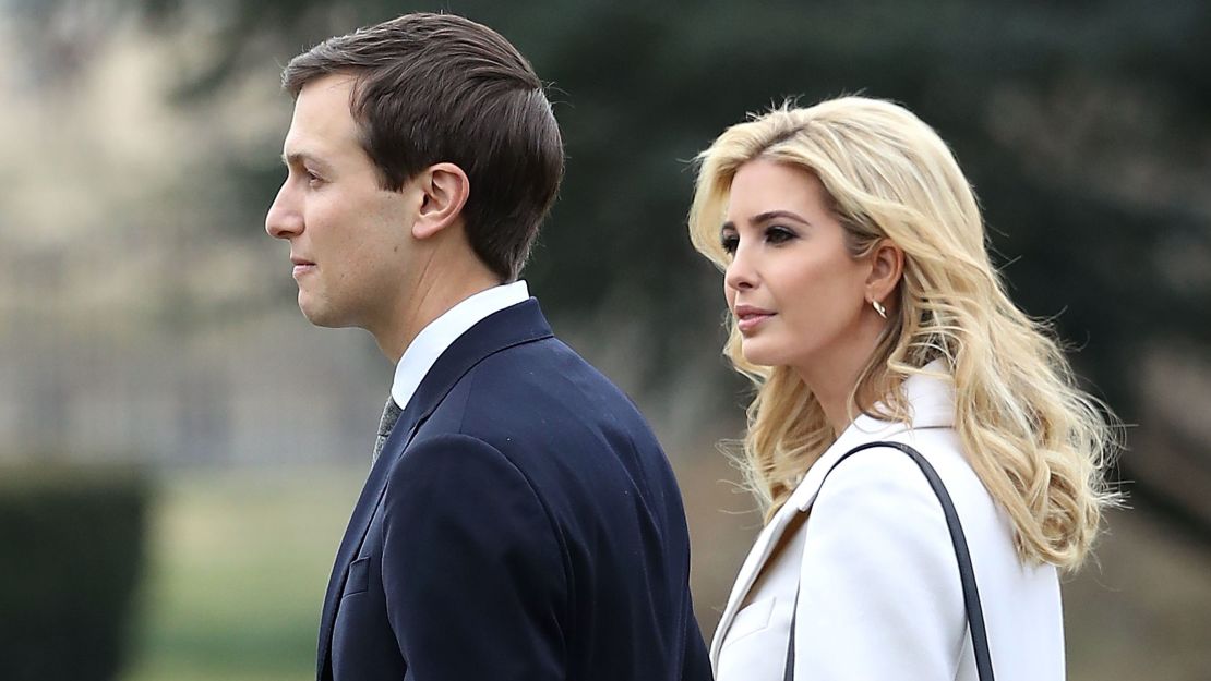 Ivanka Trump walks with her husband, White House Senior Adviser Jared Kushner, toward Marine One while departing with her father President Donald Trump on February 17, 2017 in Washington, DC.