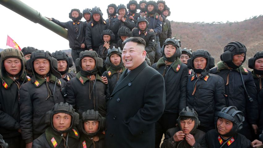 This undated picture released from North Korea's official Korean Central News Agency (KCNA) on April 1, 2017 shows North Korean leader Kim Jong-Un (C) inspecting the Korean People's Army Tank Crews' Competition-2017 at an undisclosed location. / AFP PHOTO / KCNA VIA KNS / STR / South Korea OUT / REPUBLIC OF KOREA OUT   ---EDITORS NOTE--- RESTRICTED TO EDITORIAL USE - MANDATORY CREDIT "AFP PHOTO/KCNA VIA KNS" - NO MARKETING NO ADVERTISING CAMPAIGNS - DISTRIBUTED AS A SERVICE TO CLIENTS
THIS PICTURE WAS MADE AVAILABLE BY A THIRD PARTY. AFP CAN NOT INDEPENDENTLY VERIFY THE AUTHENTICITY, LOCATION, DATE AND CONTENT OF THIS IMAGE. THIS PHOTO IS DISTRIBUTED EXACTLY AS RECEIVED BY AFP.  /         (Photo credit should read STR/AFP/Getty Images)