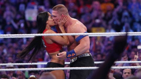 John Cena proposes to Nikki Bella during WrestleMania 33 on Sunday, April 2, 2017 at Camping World Stadium in Orlando, Fla. 