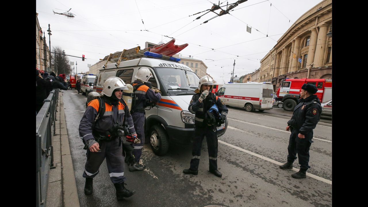 Emergency workers are seen outside the entrance to the Tekhnologichesky Institut station.
