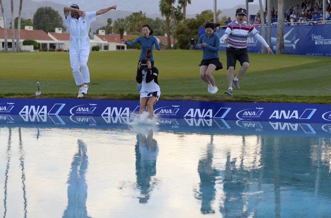 ANA Inspiraton winner So Yeon Ryu jumped in Poppie's Pond with her family and caddie Tom Watson as per the tournament's custom.  