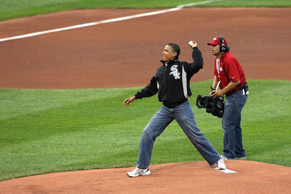President Barack Obama throws out the first pitch at the 2009 MLB All-Star Game at Busch Stadium on July 14, 2009, in St. Louis.