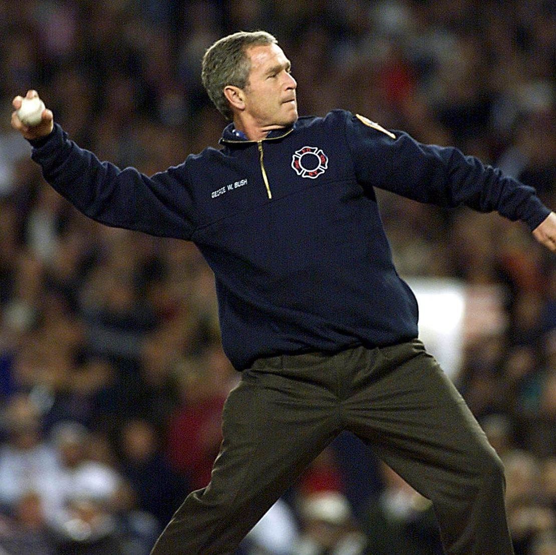 President George W. Bush throws the ceremonial first pitch of Game 3 of the World Series in New York's Yankee Stadium on October 30, 2001.