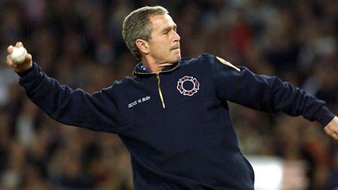 President George W. Bush throws the ceremonial first pitch of Game 3 of the World Series in New York's Yankee Stadium on October 30, 2001.