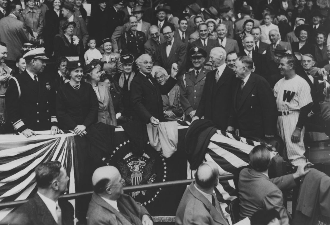 President Harry S. Truman throws the first baseball pitch at Griffith Stadium in Washington on April 18, 1950.