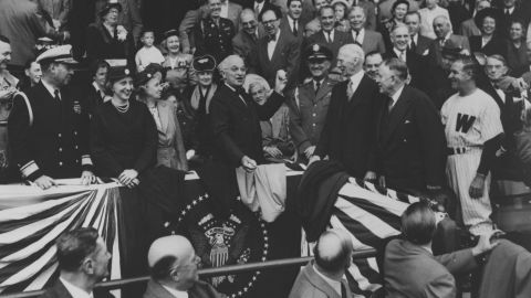 President Harry S. Truman throws the first baseball pitch at Griffith Stadium in Washington on April 18, 1950.