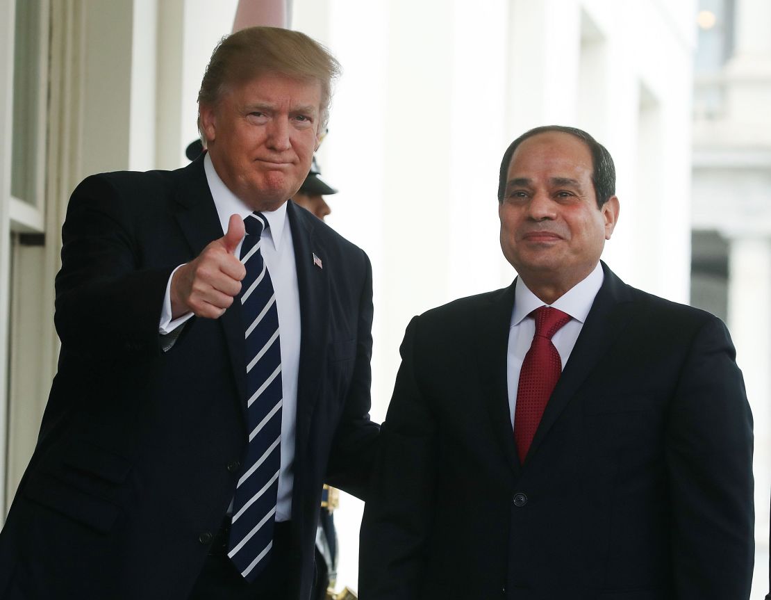 President Donald Trump welcomes Egyptian President Abdel Fattah al-Sisi during his arrival at the West Wing of the White House on April 3, 2017 in Washington, DC.