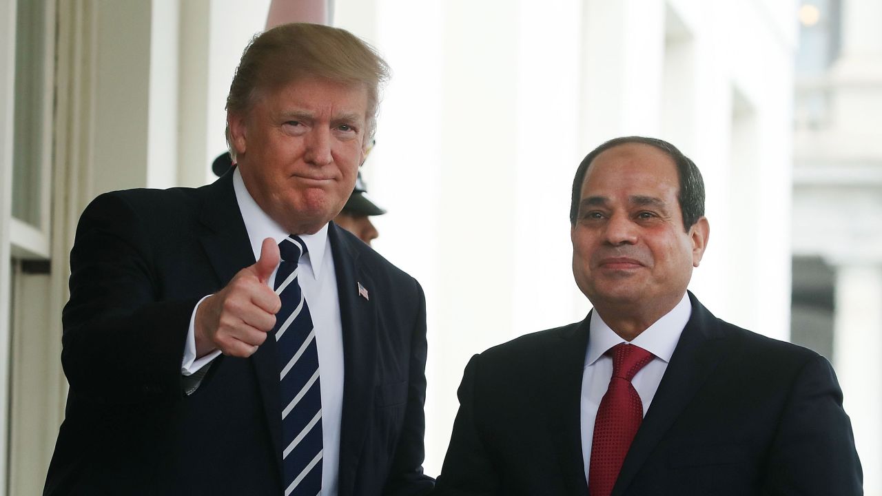 President Donald Trump welcomes Egyptian President Abdel Fattah al-Sisi during his arrival at the West Wing of the White House on April 3, 2017 in Washington, DC.