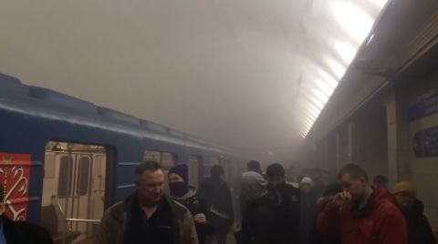Smoke fills a subway station near the blast. The explosion, which authorities described as a terrorist attack, took place on a subway car as the train was in a tunnel between the Sennaya Ploshchad and Tekhnologichesky Institut stations.