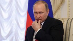 Russian President Vladimir Putin gestures during his meeting with Belarus' President Alexander Lukashenko at Konstantin palace in St.Petersburg, Russia, Monday, April 3, 2017.  Following an explosion on the subway in St. Petersburg, Putin, who was visiting the city on an unrelated trip Monday, said investigators are looking into whether the explosion was a terror attack. (AP Photo/Dmitri Lovetsky, pool)
