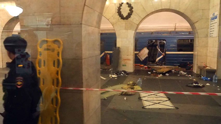 TOPSHOT - A picture shows the damaged train carriage at Technological Institute metro station in Saint Petersburg on April 3, 2017.
Around 10 people were feared dead and dozens injured Monday after an explosion rocked the metro system in Russia's second city Saint Petersburg, according to authorities, who were not ruling out a terror attack. / AFP PHOTO / STR        (Photo credit should read STR/AFP/Getty Images)