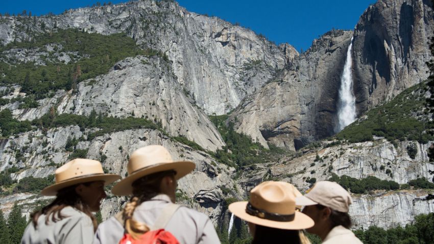 YOSEMITE NTL PARK, CA - JUNE 18: Park rangers meet in front of Yosemite Falls before President Barack Obama's speech on June 18, 2016 in Yosemite National Park, California. Obama is marking the centennial of the National Park Service which began on August 25, 1916. (Photo by David Calvert/Getty Images)