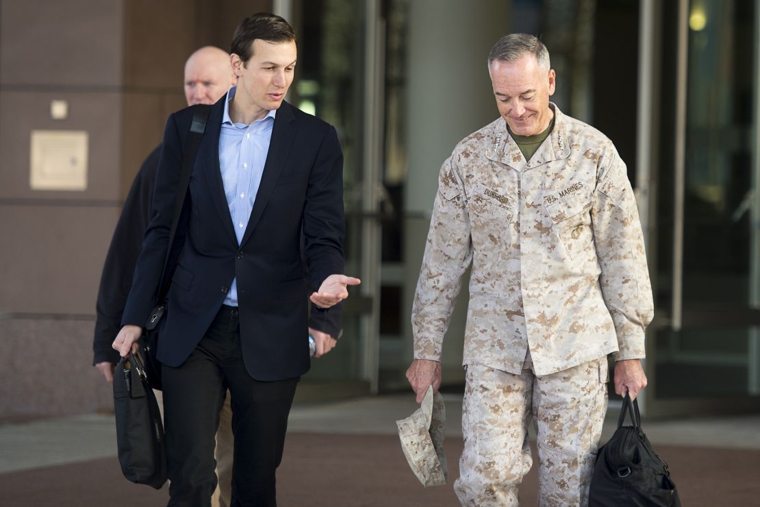 Jared Kushner, Senior Advisor to President Donald J. Trump, speaks with Marine Corps Gen. Joseph F. Dunford Jr., chairman of the Joint Chiefs of Staff, before departing Ramstein Air Base, April 3, 2017. 