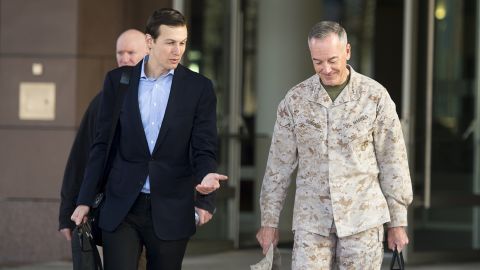 Jared Kushner, Senior Advisor to President Donald J. Trump, speaks with Marine Corps Gen. Joseph F. Dunford Jr., chairman of the Joint Chiefs of Staff, before departing Ramstein Air Base, April 3, 2017.