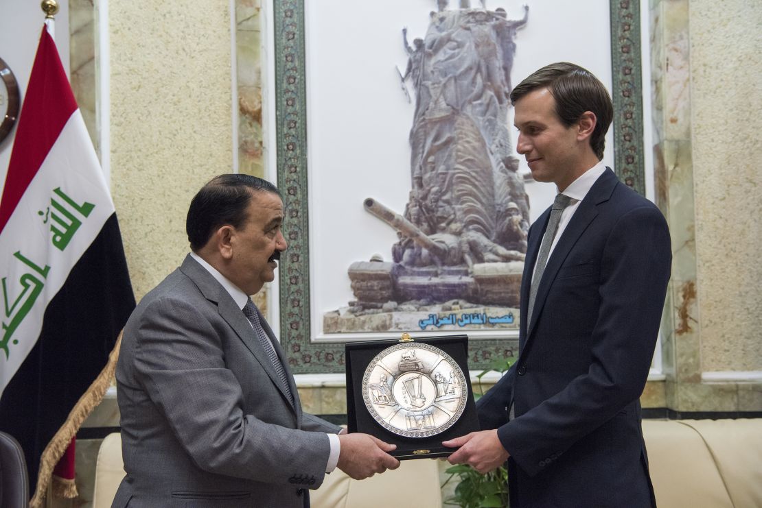 Jared Kushner, Senior Advisor to President Donald J. Trump, receives a gift from Iraqi Minister of Defense Erfan al-Hiyali at the Ministry of Defense in Baghdad, Iraq, April 3, 2017.