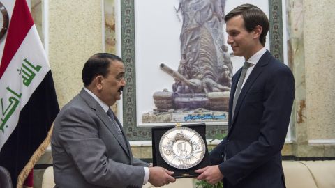 Jared Kushner, Senior Advisor to President Donald J. Trump, receives a gift from Iraqi Minister of Defense Erfan al-Hiyali at the Ministry of Defense in Baghdad, Iraq, April 3, 2017.