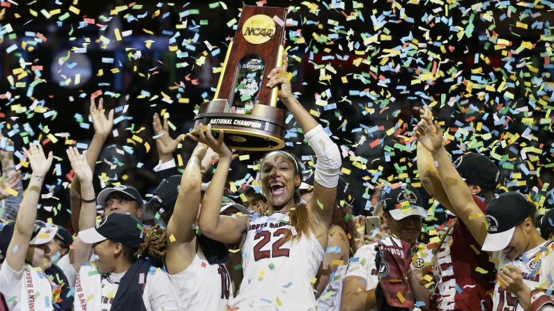 A'ja Wilson lifts the trophy after South Carolina's basketball team won the national title on Sunday, April 2. Wilson scored 23 points against Mississippi State and was named the tournament's Most Outstanding Player. 
