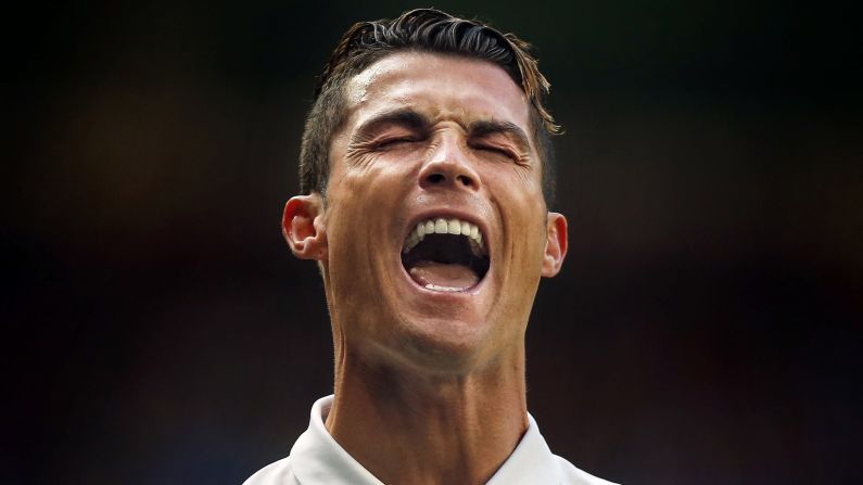 Soccer star Cristiano Ronaldo reacts during a Spanish league match in Madrid on Sunday, April 2. Ronaldo and Real Madrid defeated Alaves 3-0.