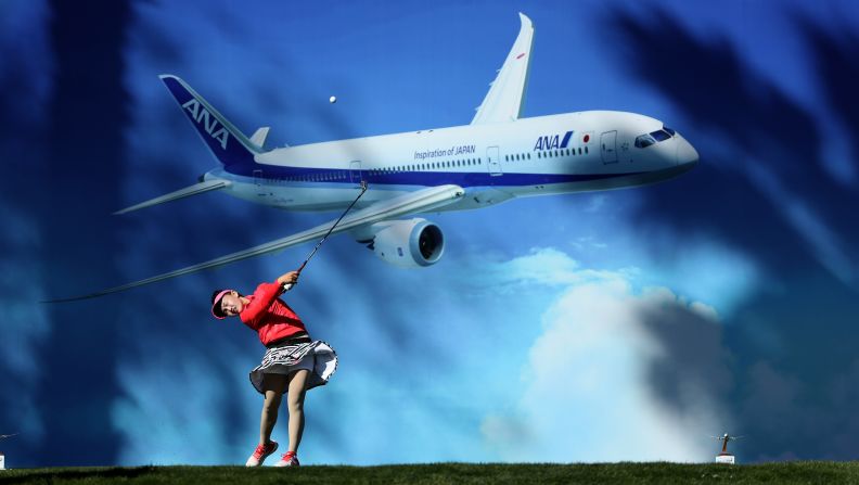 Lucy Li hits a tee shot in front of a large advertisement at the ANA Inspiration on Saturday, April 1.