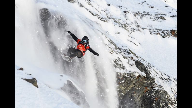Snowboarder Christoffer Granbom competes in the Verbier Xtreme event in Switzerland on Monday, April 3.