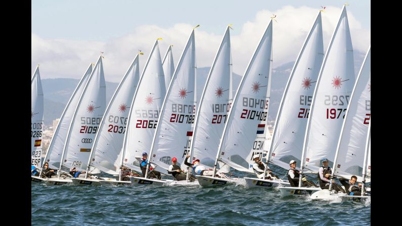 Sailors compete Tuesday, March 28, during one of the races of the Princess Sofia Trophy, an annual event off Spain's Balearic Islands.