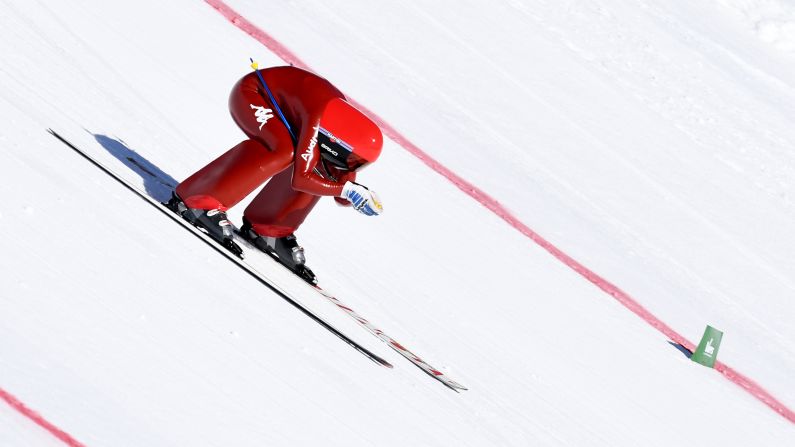 Italian speed skier Ivan Origone races down the Chabriere slope in Vars, France, on Wednesday, March 29.