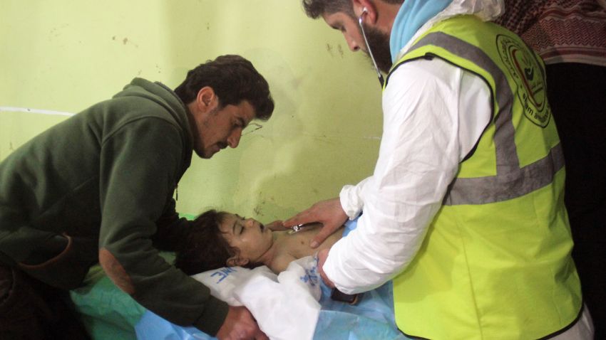 An unconscious Syrian child receives treatment at a hospital in Khan Sheikhun, a rebel-held town in the northwestern Syrian Idlib province, following a suspected toxic gas attack on April 4, 2017.
A suspected chemical attack killed at least 58 civilians including several children in rebel-held northwestern Syria, a monitor said, with the opposition accusing the government and demanding a UN investigation. / AFP PHOTO / Omar haj kadour (Photo credit should read OMAR HAJ KADOUR/AFP/Getty Images)