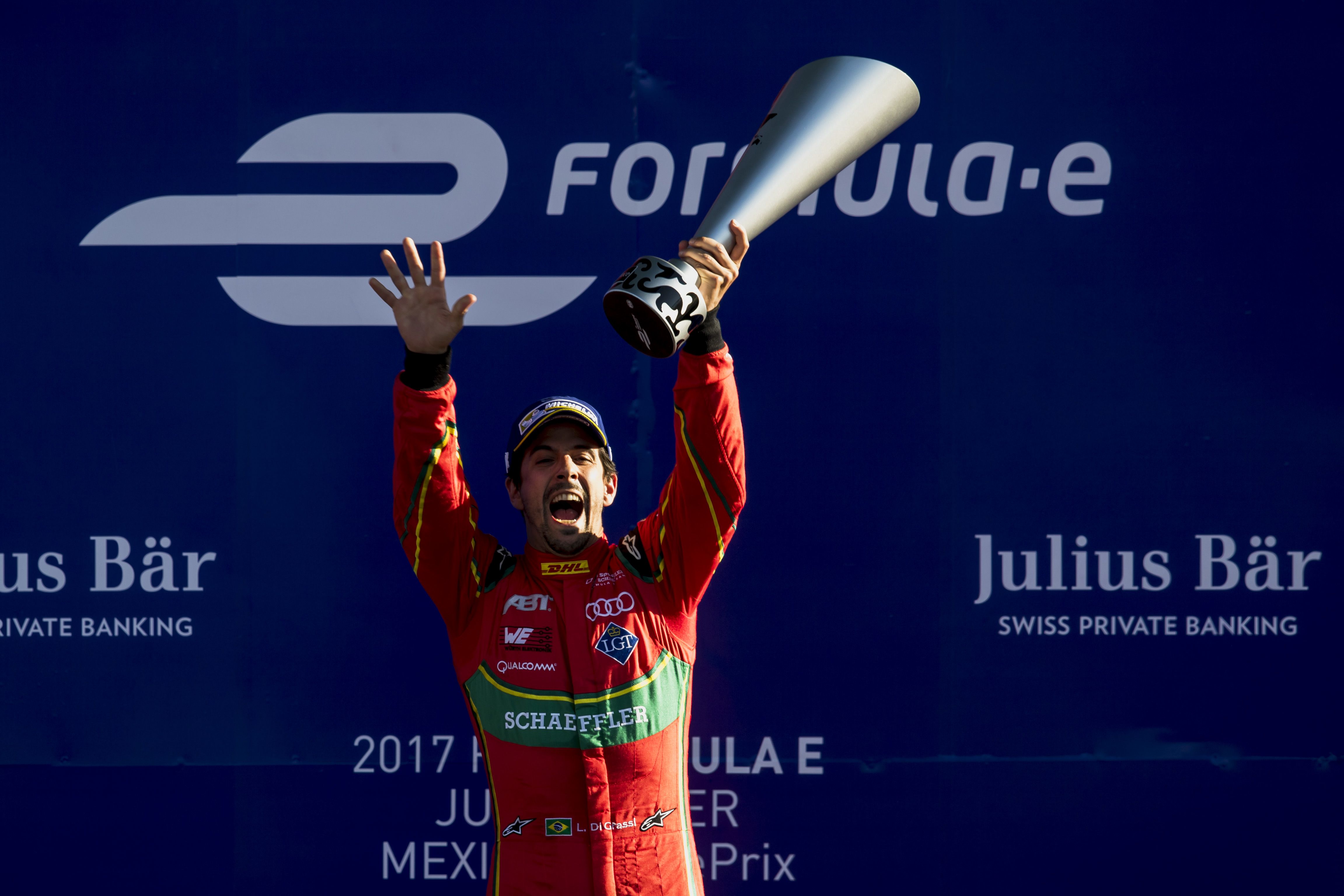 Lucas di Grassi celebrates at the Autodromo Hermanos Rodriguez after winning the Mexico City ePrix.