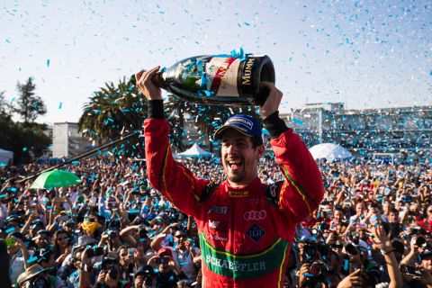 Di Grassi celebrates on the podium after a stunning win. At one point di Grassi was running in last place but still managed to take the checkered flag. <br /><br />"The race at Mexico showed what Formula E is all about -- on track and around the racing itself. The fans are amazing," di Grassi told CNN.  
