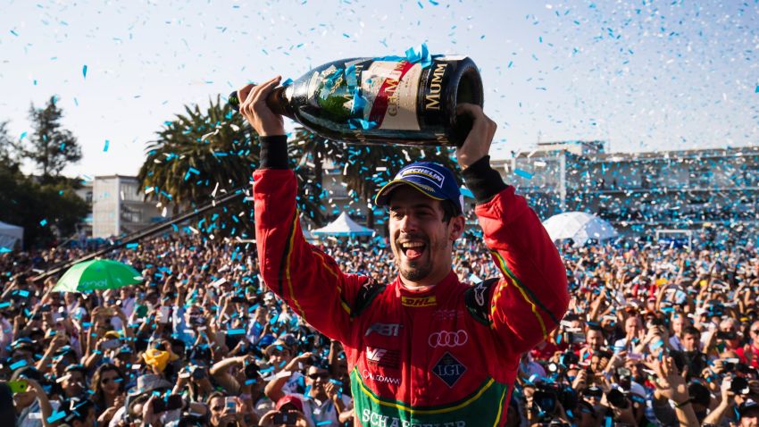 MEXICO CITY, MEXICO - APRIL 1: In this handout image supplied by Formula E, Lucas Di Grassi (BRA), ABT Schaeffler Audi Sport, Spark-Abt Sportsline, ABT Schaeffler FE02 celebrates during the FIA Formula E Championship Mexico City ePrix on April 1, 2017 in Mexico City, Mexico. (Photo by LAT Images / Formula E via Getty Images)