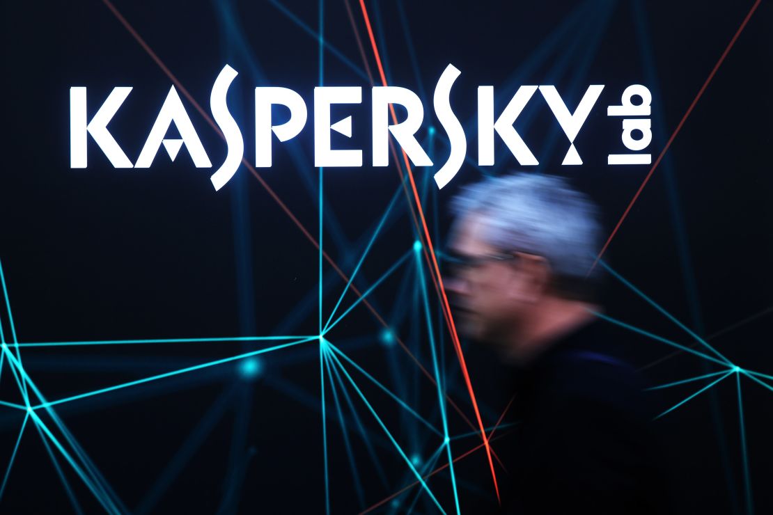 A visitor passes the Kaspersky Lab pavilion at a technology fair in Hanover, Germany, in March.