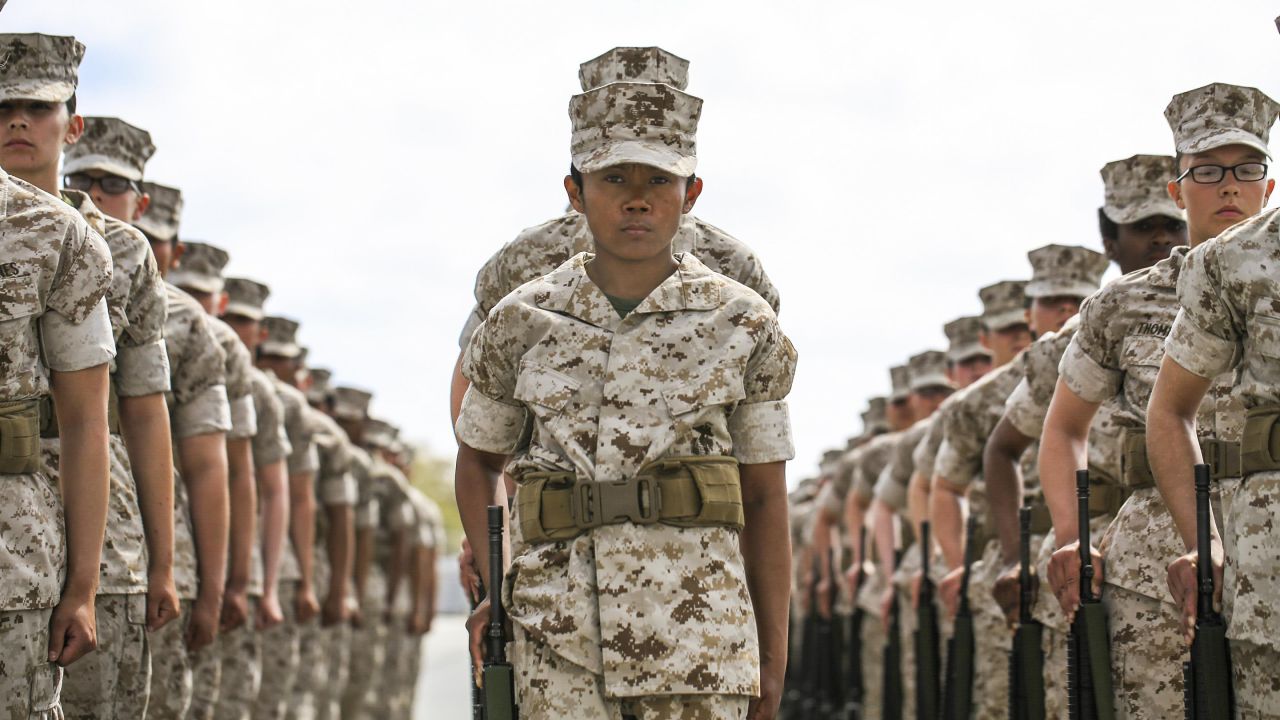 Marine Corps recruits wait for the next command during a final drill evaluation in Parris Island, South Carolina, on Wednesday, March 22.