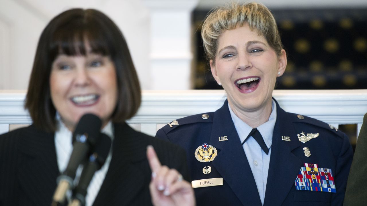 US Air Force Col. Michelle Pufall, right, reacts as Karen Pence, wife of Vice President Mike Pence, announces that it is Pufall's birthday on Thursday, March 23. Pufall and other female service members were being recognized in Washington as part of Women's History Month.