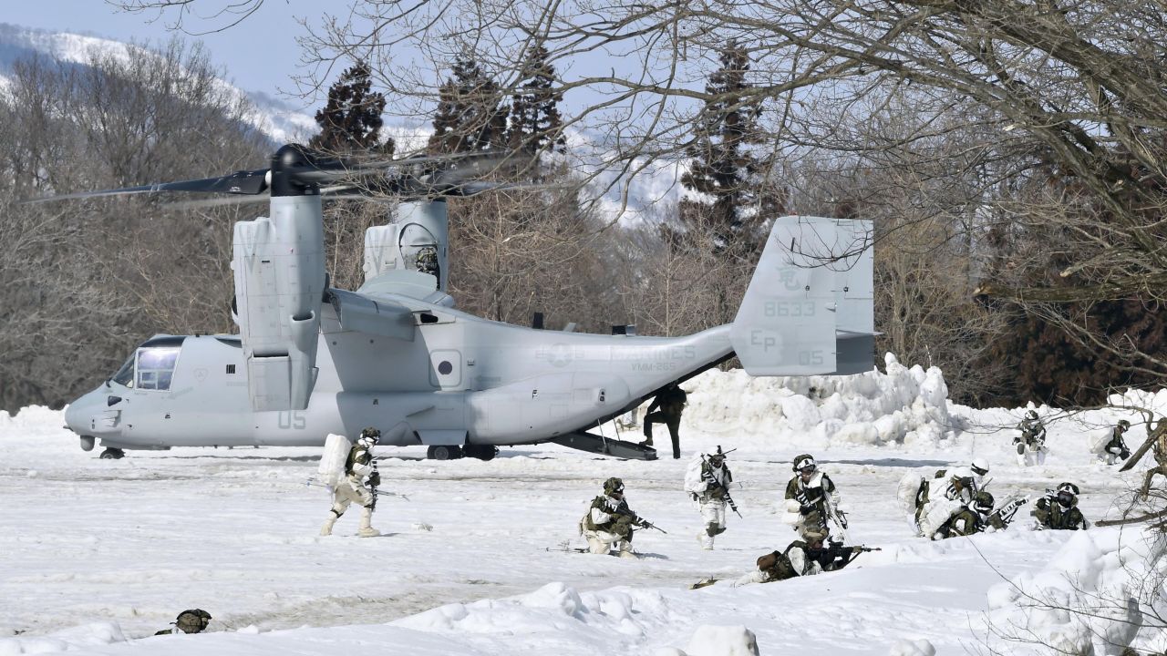 A Marine Corps Osprey aircraft takes part in a military exercise in Japan's Niigata Prefecture on Monday, March 13.