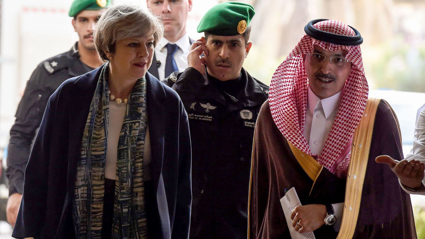 British Prime Minister Theresa May is escorted by Saudi Finance Minister Mohammed al-Jadaan at the Saudi Stock Exchange Riyadh on Tuesday.
