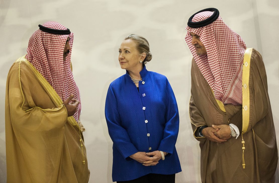 Then-Secretary of State Hillary Clinton meets with Saudi officials.