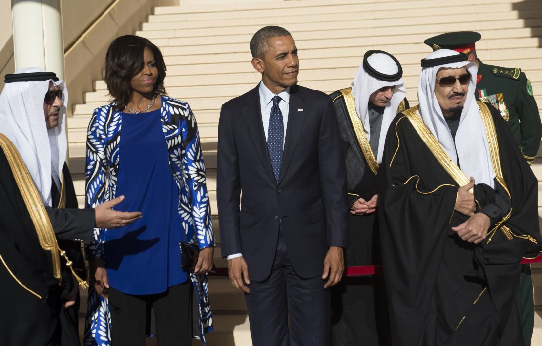 The Obamas visit King Salman bin Abdulaziz Al-Saud.