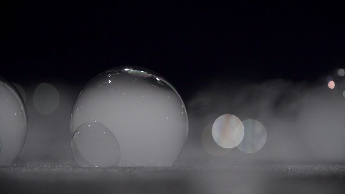 A close-up of the mist-filled bubbles