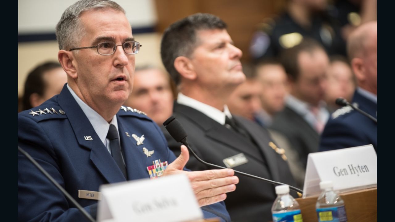 US Air Force Gen. John E. Hyten, commander of US Strategic Command, testifies during a House Armed Services Committee hearing on Capitol Hill, March 7, 2017