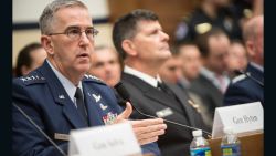 US Air Force Gen. John E. Hyten, commander of US Strategic Command, testifies during a House Armed Services Committee hearing on Capitol Hill, March 7, 2017