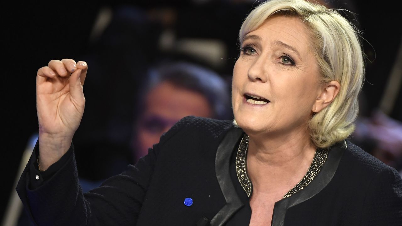 French far-right presidential candidate Marine Le Pen speaks during a TV election debate on April 4, 2017.