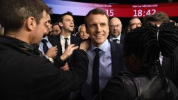 French presidential election candidate for the En Marche ! movement Emmanuel Macron reacts moments after the end of a debate organised by the French private TV channels BFM TV and CNews, between the eleven candidates for the French presidential election, on April 4, 2017 in La Plaine-Saint-Denis. / AFP PHOTO / POOL / Lionel BONAVENTURE        (Photo credit should read LIONEL BONAVENTURE/AFP/Getty Images)