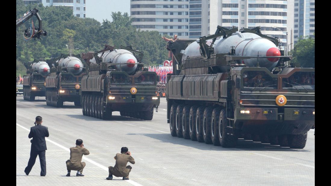 Trucks carrying what are believed to be KN-08 ballistic missiles in a July 2013 military parade.