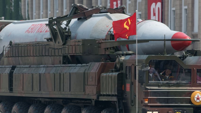 A North Korean Taepodong-class missile is displayed during a military parade past Kim Il-Sung square marking the 60th anniversary of the Korean war armistice in Pyongyang on July 27, 2013.  North Korea mounted its largest ever military parade on July 27 to mark the 60th anniversary of the armistice that ended fighting in the Korean War, displaying its long-range missiles at a ceremony presided over by leader Kim Jong-Un.  AFP PHOTO / Ed Jones        (Photo credit should read Ed Jones/AFP/Getty Images)