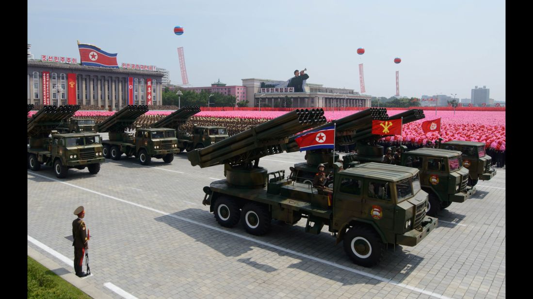 North Korean rocket launchers pass through Kim Il Sung square during a July 2013 military parade.