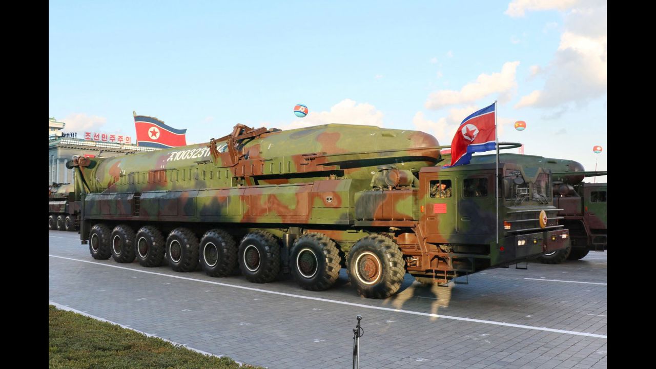 A KN-14 intercontinental ballistic missile is seen in a military parade at Pyongyang's Kim Il Sung Square in October 2015.