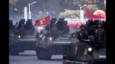 North Korean mobile rocket launchers are displayed during a mass military parade at Kim Il Sung square in Pyongyang on October 10, 2015.